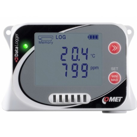 U3430 Registrador de dados com sensores integrados de temperatura, umidade e CO2.